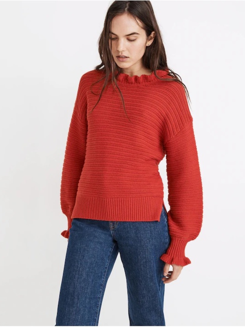 Madewell Ruffle Neck Pullover Sweater Cotton Merino Wool Red Medium